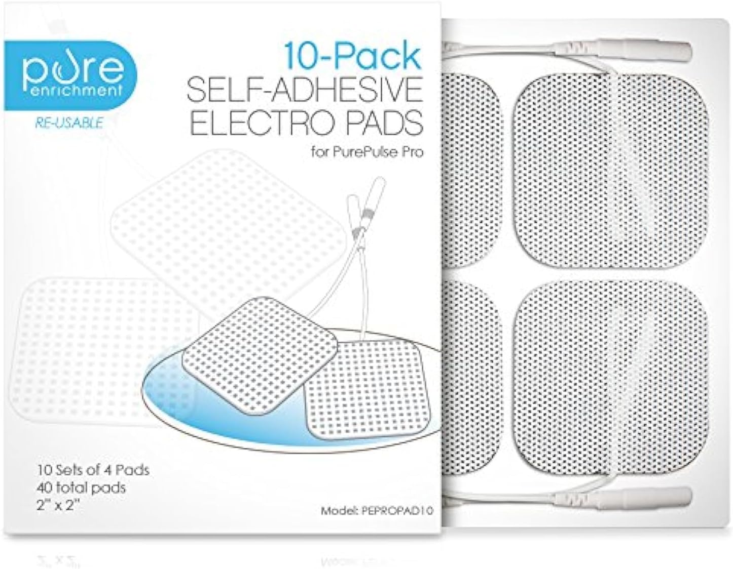 PurePulse Pro TENS Unit Massager Pads – Premium 10-Pack of 4 Square, Self-Adhesive 2” x 2” Replacement Electrode Pads (Total of 40 Pads)