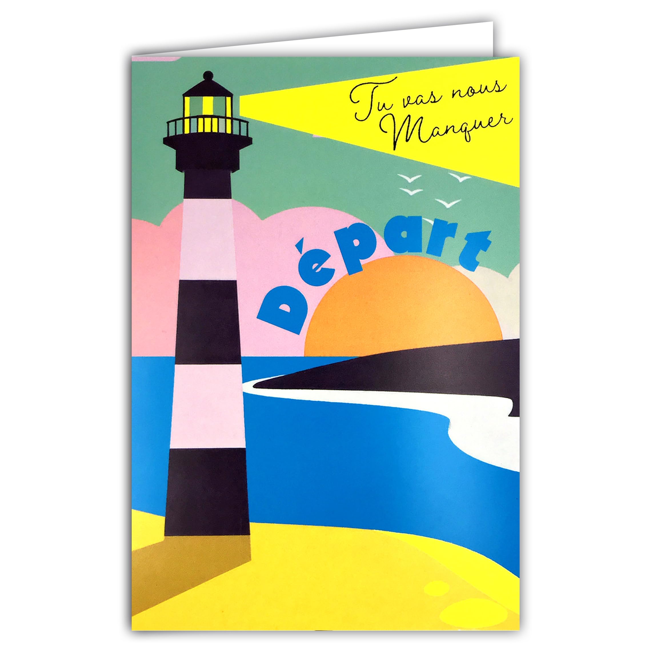 69-8144 Fluorescent Card Departure We Will Miss You Retirement or Moving Home Illustration Lighthouse Sunset Sea with Envelope 12 x 17.5 cm White Interior Fluorescent Inks Created and Made in France