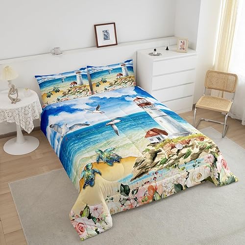 Miniatura 4 de Juego de edredón con diseño de faro de mar, tamaño individual, juego de ropa de cama de animales de tortuga, pájaros, océano, azul, para niños y
