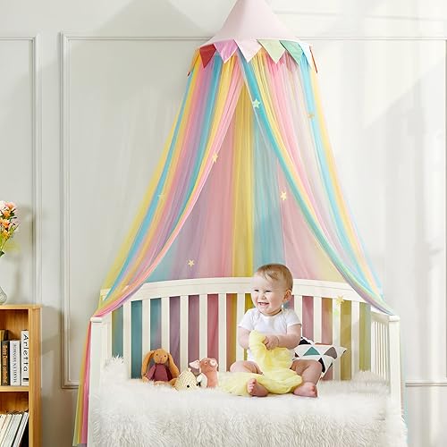 Miniatura 6 de Toldo de cama de princesa arcoíris para niñas, casa de juegos de ensueño de hadas con red colgante de color arcoíris, cúpula redonda rosa para
