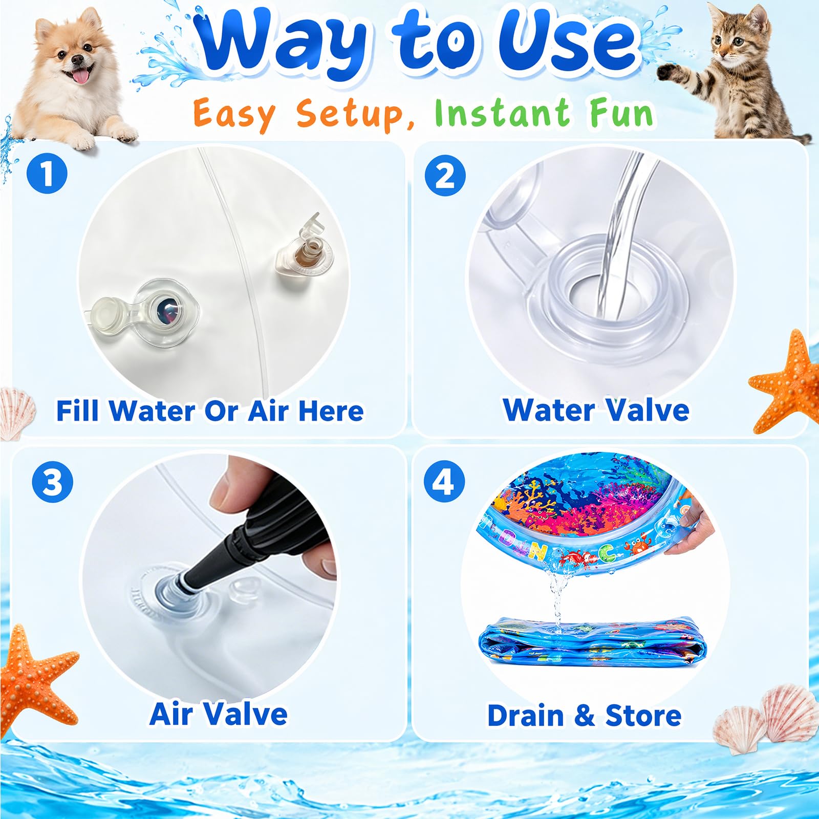 Wasserspielmatte Katze, Kühlmatte Katzen Hund, Wassermatte Baby, Spielmatte Sensorik Spielzeug Wasser, Interaktives Katzenspielzeug Wassermatte für Haustier Innen Außenbereich 95x95CM