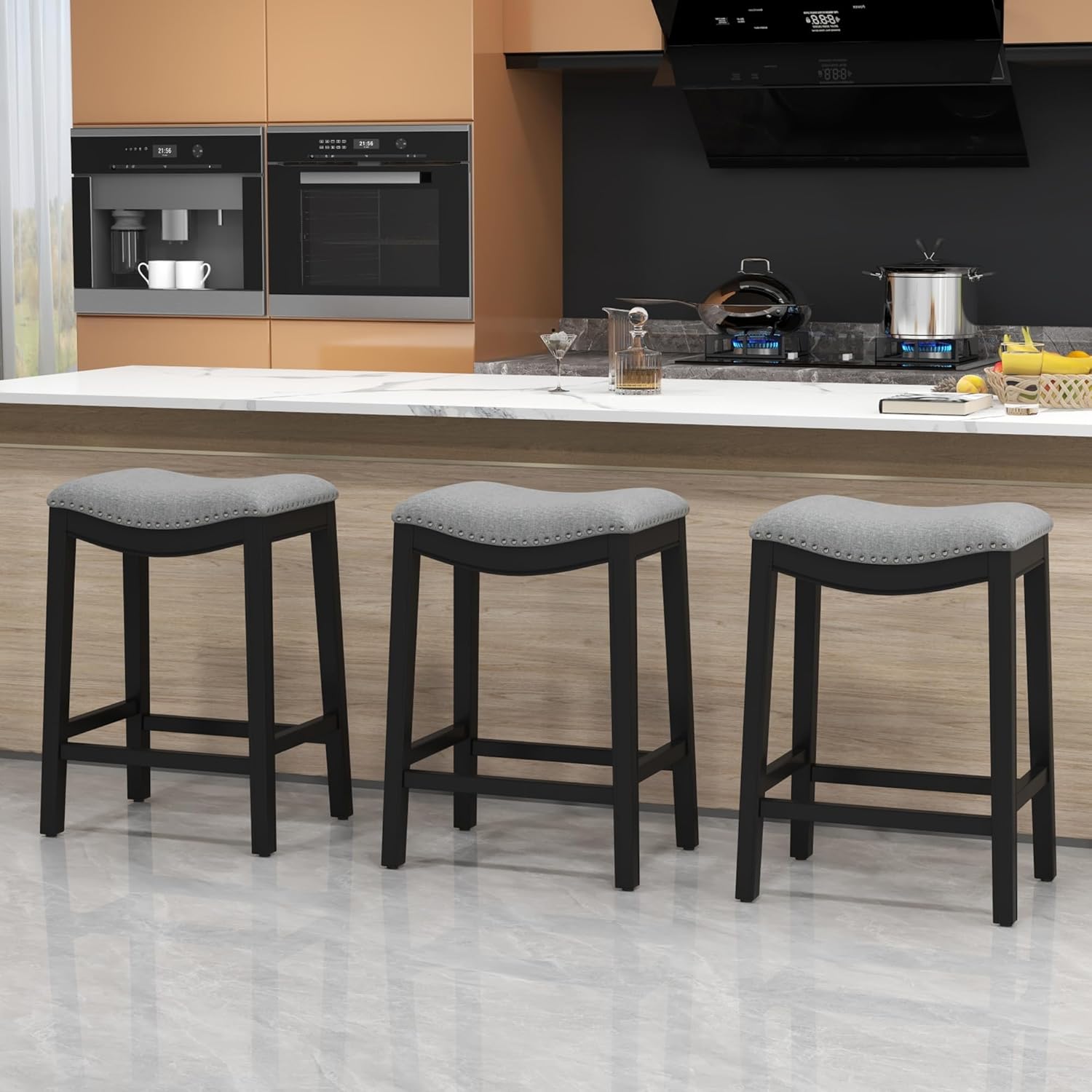 ABET Bar Stools Counter Height Chair Set of 3, 27" Backless Farmhouse Barstools with Hand-Brushed Wood Finish Leg & Footrest, Nailhead Saddle Seat, Upholstered Linen Kitchen Island Chairs, Grey