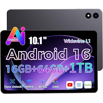 2026 Neuestes Tablet 10.1 Zoll Android 16 mit Gemini AI 16GB RAM + 64GB ROM GMS Widevine L1 WiFi 6 & BT 5.2 D nn und leicht Tablet mit Gesichtserkennung