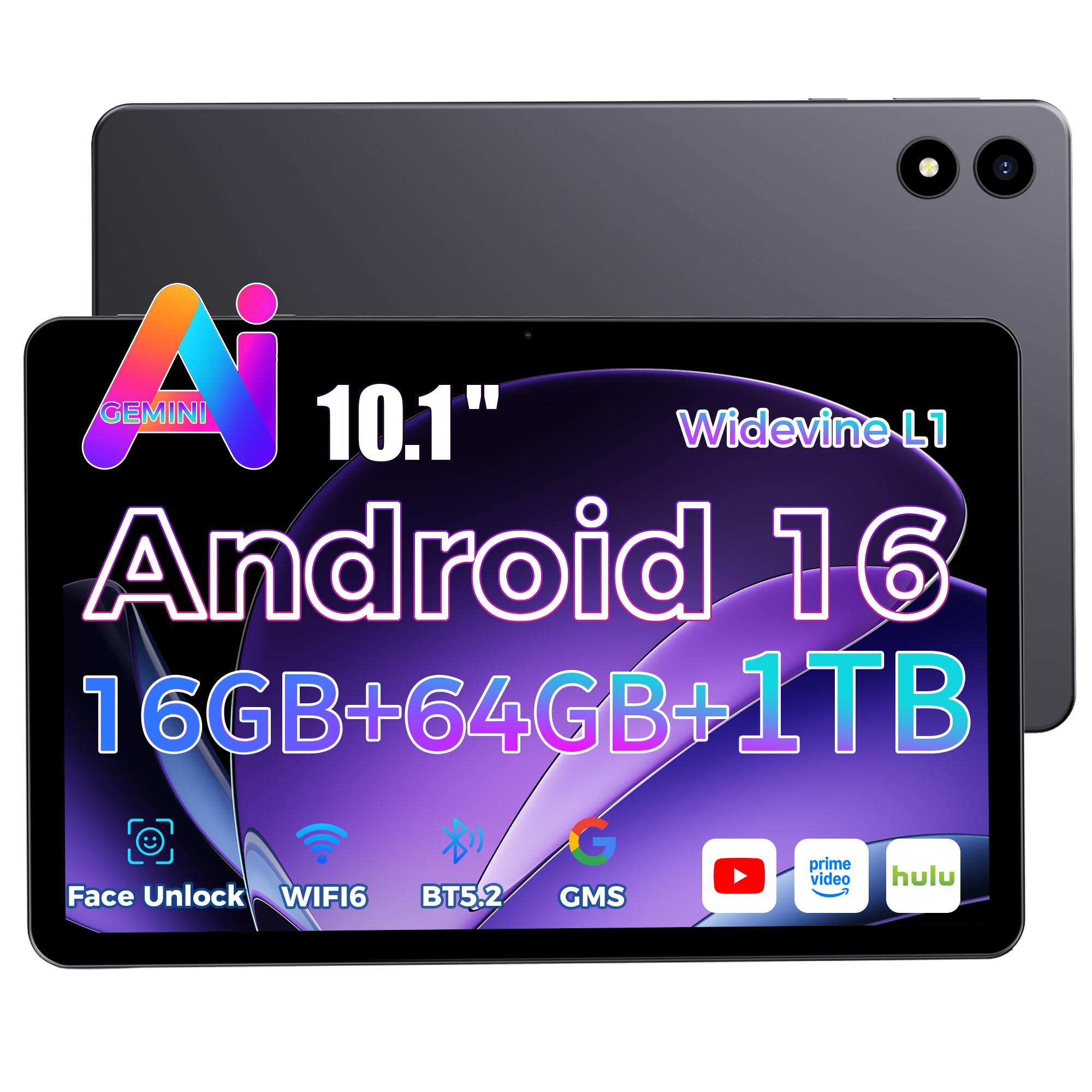 2026 Neuestes Tablet 10.1 Zoll Android 16 mit Gemini AI, 16GB RAM + 64GB ROM, GMS Widevine L1, WiFi 6 & BT 5.2, Dünn und leicht Tablet mit Gesichtserkennung (Grau)