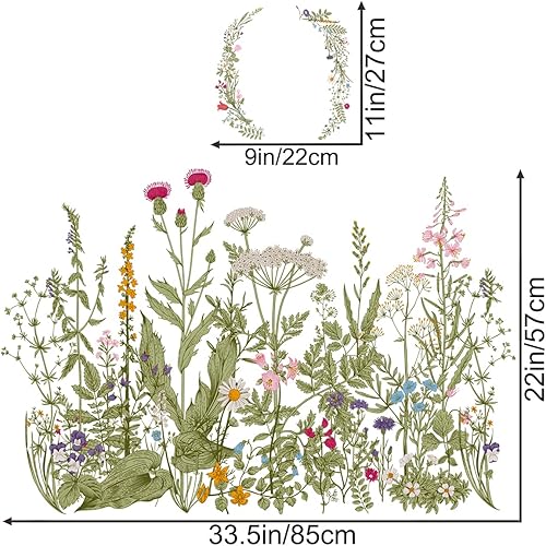 Miniatura 2 de RW-102 Calcomanías de pared de flores verdes para jardín, flores y vides, calcomanías de esquina 3D DIY corona extraíble guirnalda decoración