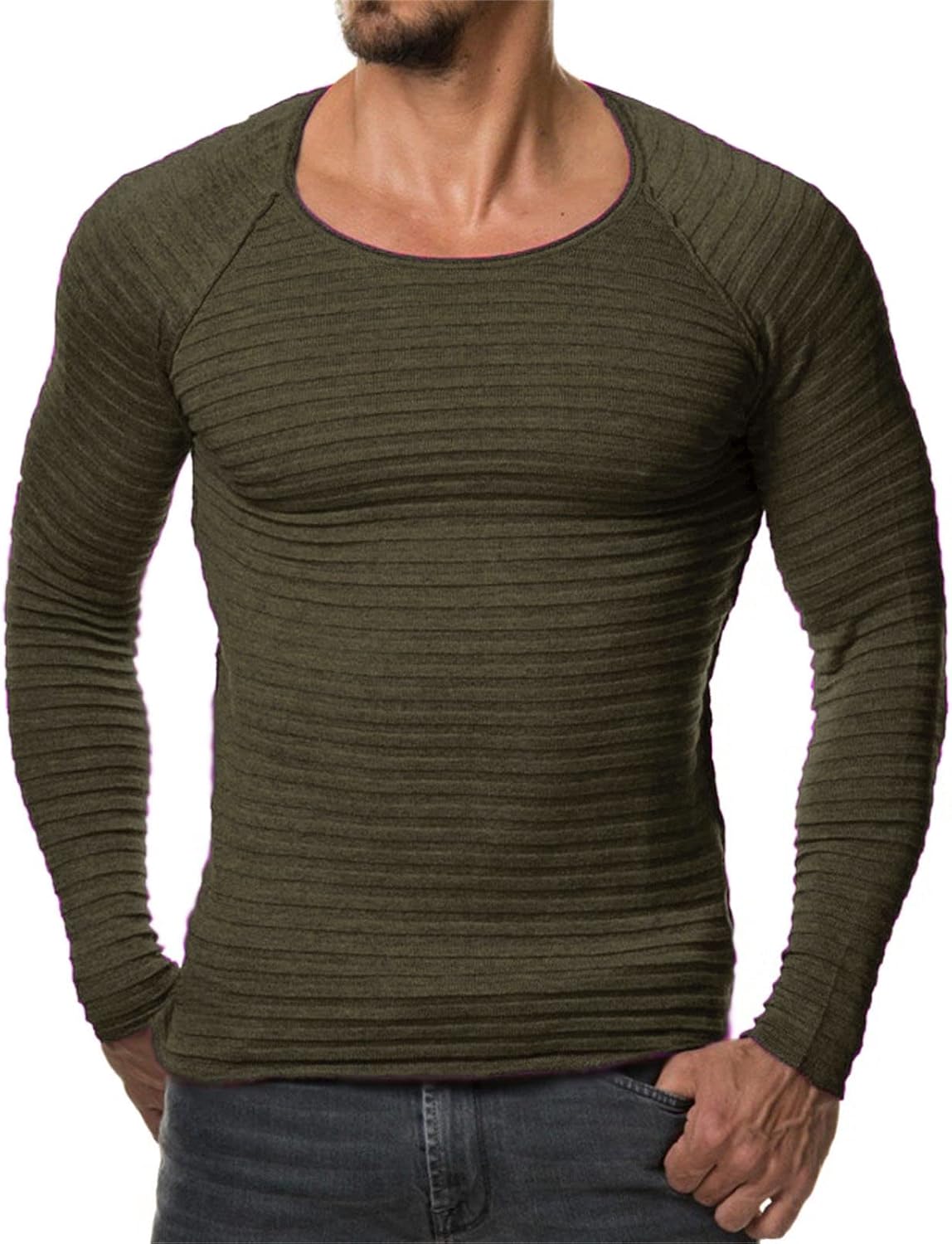Men's Long Sleeve Ribbed Shirts Crew Neck Pullover Sweater Thermal Tops Slim Fit Henley Shirt Stretchy Undershirts