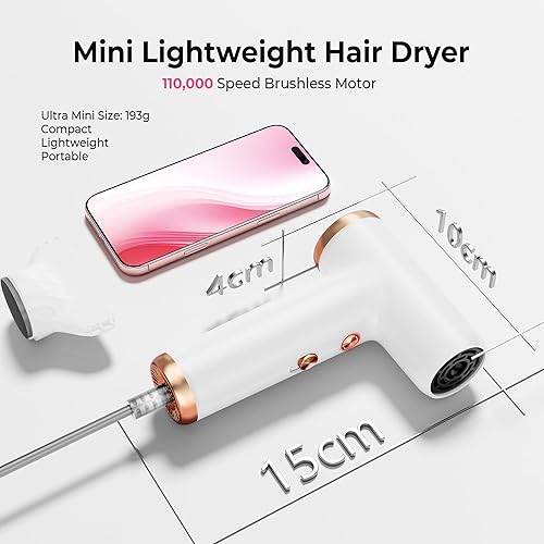 Miniatura 3 de Mini secador de pelo, secador de pelo iónico de alta velocidad de 4 temperaturas, secador de pelo pequeño portátil ligero de 2 velocidades, secador