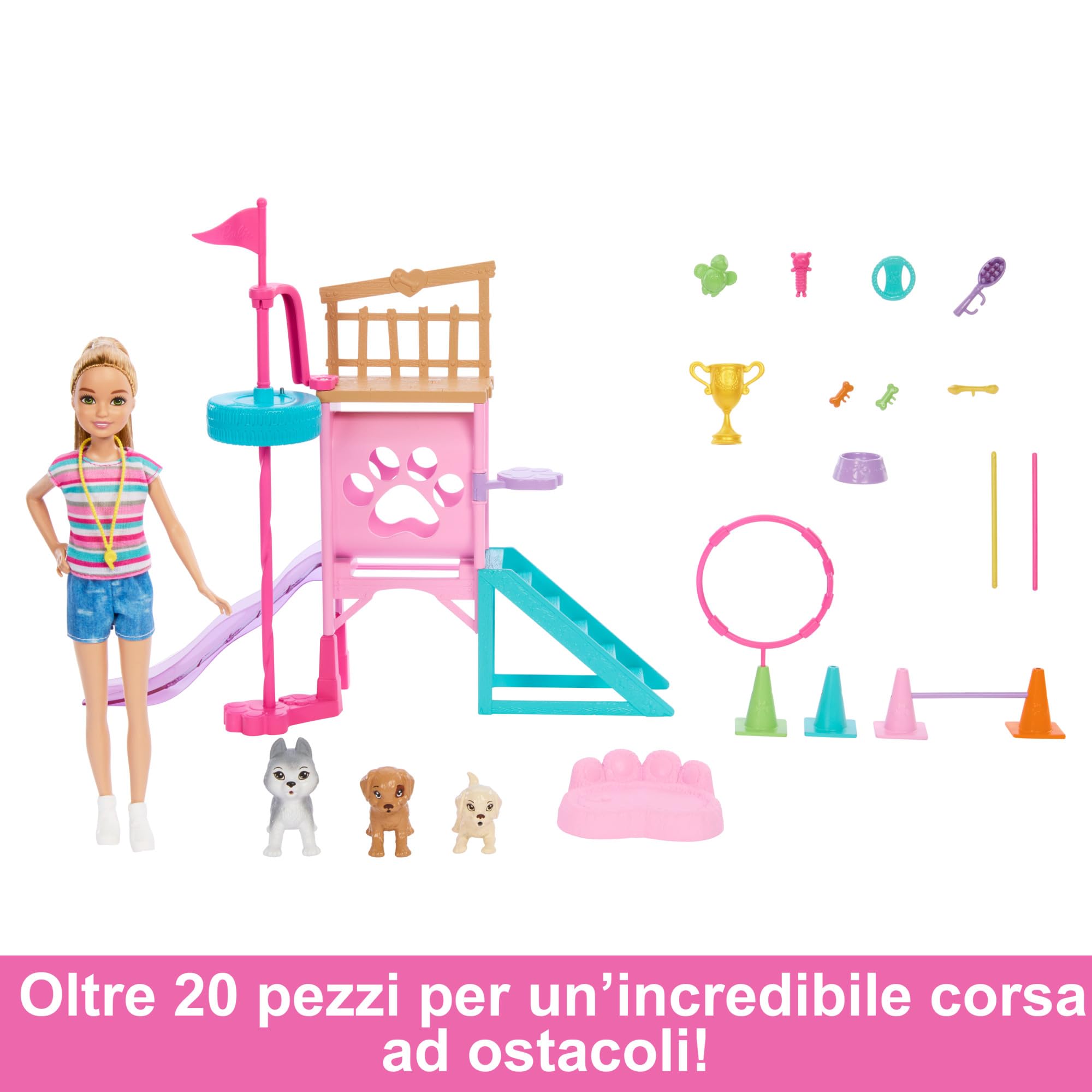 Barbie - Percorso a ostacoli per Cuccioli, playset parco giochi con bambola Stacie, 3 cuccioli e 20+ accessori inclusi, dal film Barbie and Stacie to the Rescue, giocattolo per bambini, 3+ anni, HRM10