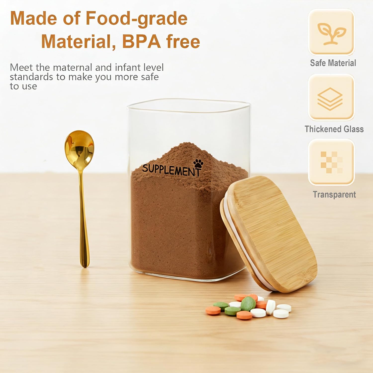 Dog Treat Container with Scoop - 37 fl oz Airtight Dog Food Container for Supplements Vitamin Kibble & Treats - Glass Puppy Cat Treat Jars with Wooden Tray-Keep Fresh Crispy