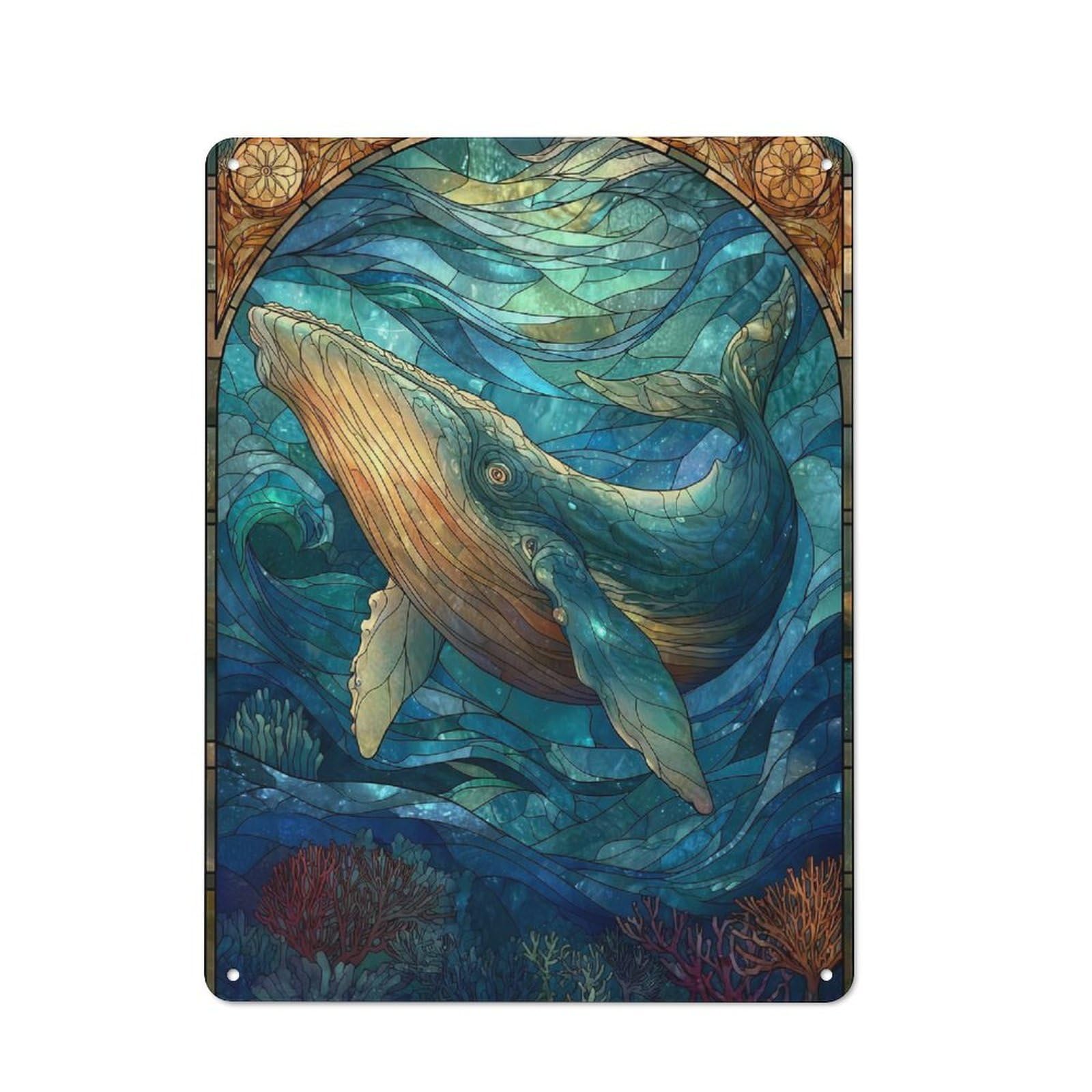 40x30cm Retro Metal Sign with Stained Glass Whale Ocean for Home Office Or Studio, Suited to Wall Displays in Home Offices And Studios