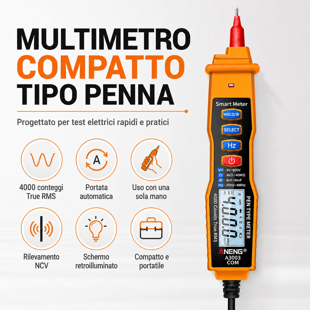 VOBOR Tester di Tensione Senza Contatto, Misura Tensione AC/DC, Resistenza, Diodo, Continuità, Rilevamento Filo Vivo/Nullo, Penna Multimetro Digitale con Retroilluminazione e Torcia