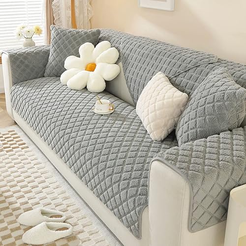 Miniatura 4 de vctops Funda de sofá de forro polar Sherpa a cuadros, color sólido, cálida y acogedora, funda de sofá de felpa mullida para niños, perros, mascotas,