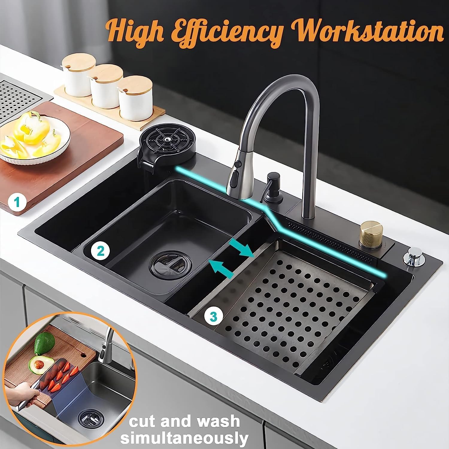 SEA SHORE 304 Grade Stainless Steel Kitchen Sink 30" x 18" x 10" – Multifunction Sink with Pull-Down Faucet, Integrated Waterfall, Cup Washer & Drain Baskets (Black) 2