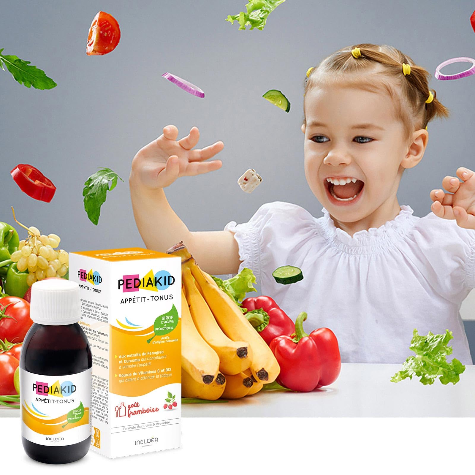 PEDIAKID Apetito-Tono Complemento alimenticio Sirope de Agave Estimula el apetito Aumentar peso Aroma Natural Frambuesa 125 ml