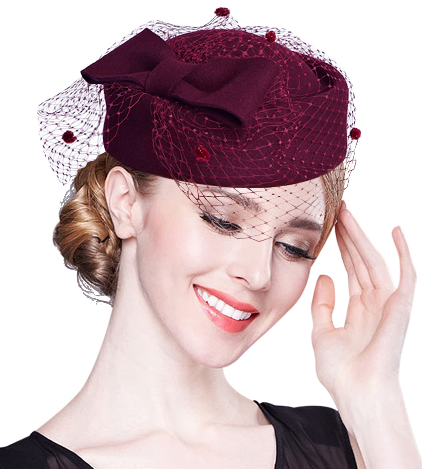 Z&X Women's Wool Fascinator Winter British Retro Pillbox Hat Wool Felt Church Wedding Cocktail Hat Veil Bowknot Fedoras Wine Red
