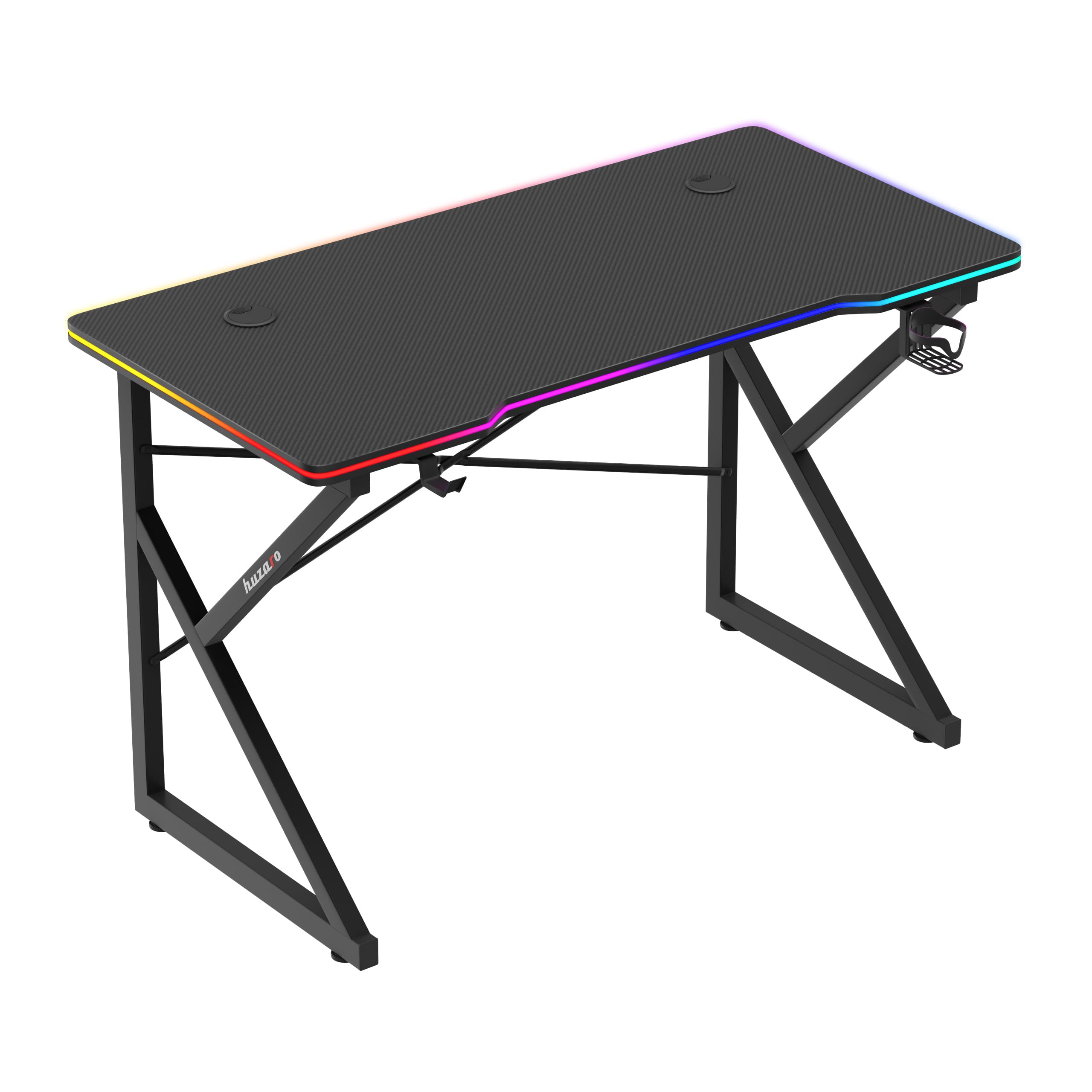huzaro Hero 1.7 RGB Black, biurko gamingowe z oświetleniem LED, stolik pod komputer, 120 x 60 cm, hak na słuchawki, uchwyt na napoje, powierzchnia z włókna węglowego, przepust kablowy, metalowa