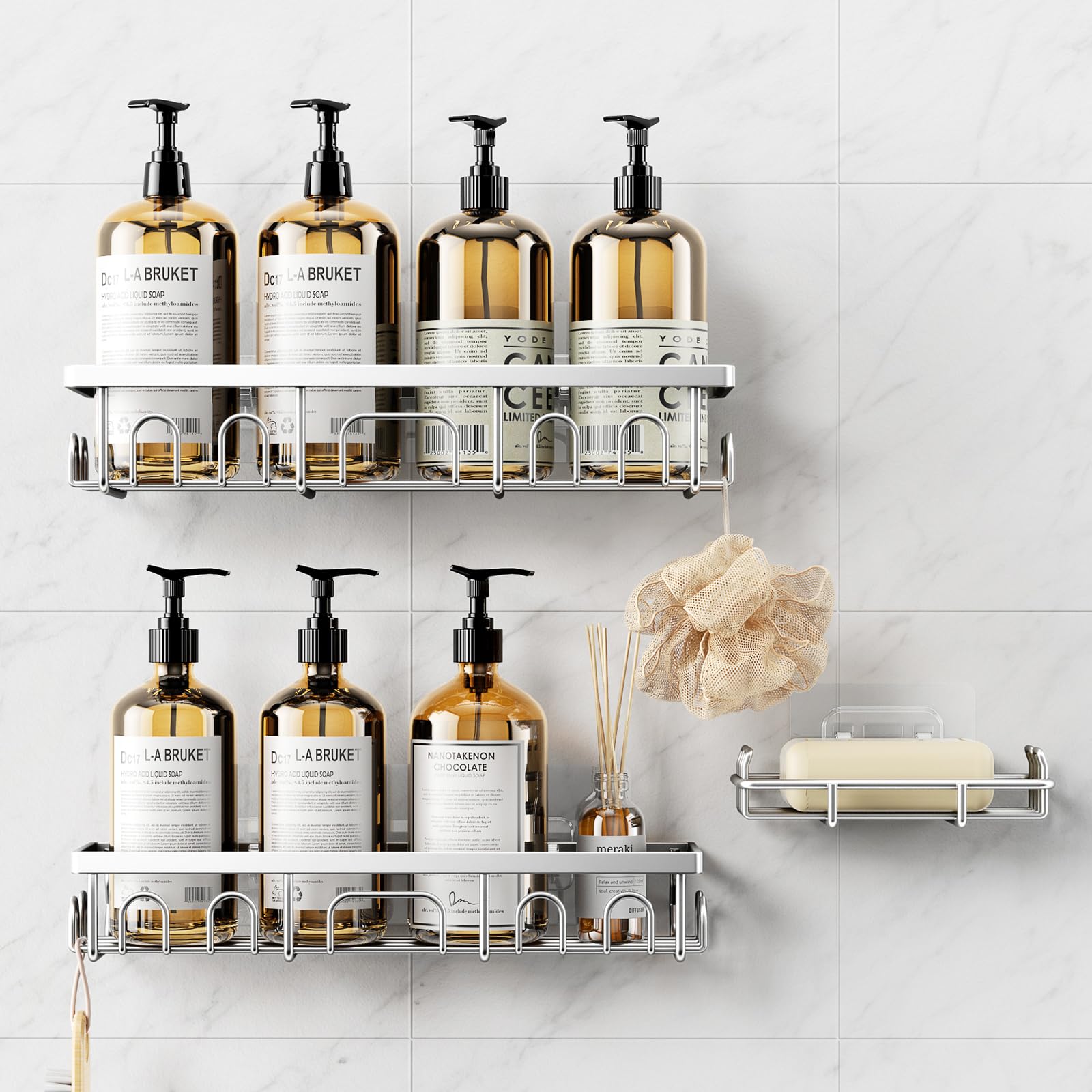 Deyhoc 3 Pack Rustproof Stainless Steel Shower Caddy, Bathroom Storage Accessory Shelf Organiser Adhesive No Drilling Hanging, Soap Holder Set, Kitchen Wall Mounted Corner Decor, Silver
