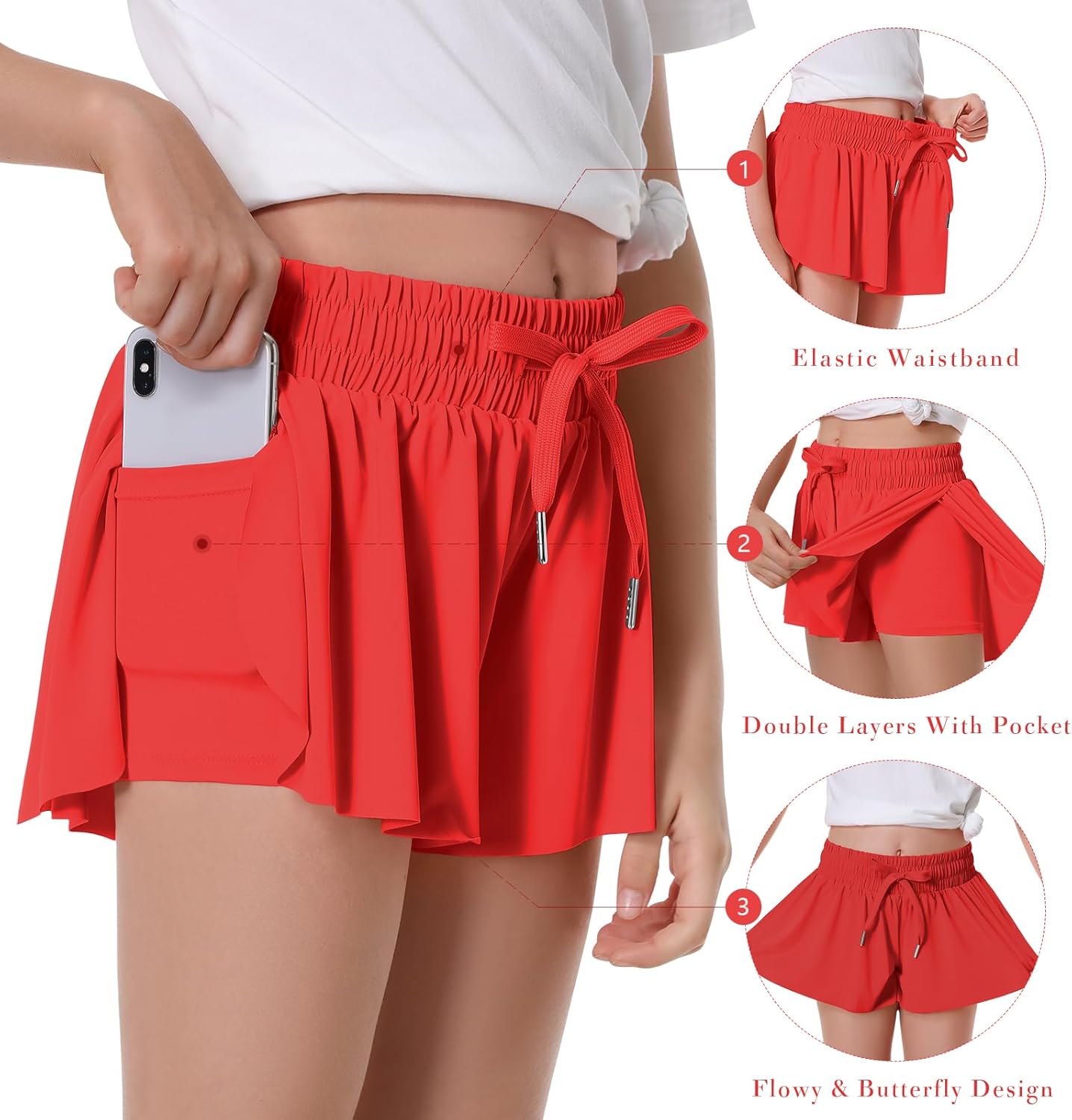 Girls Flowy Shorts Butterfly Shorts for Kids with Pocket 2-in-1 Athletic Shorts Running Shorts for Girls - Image 3