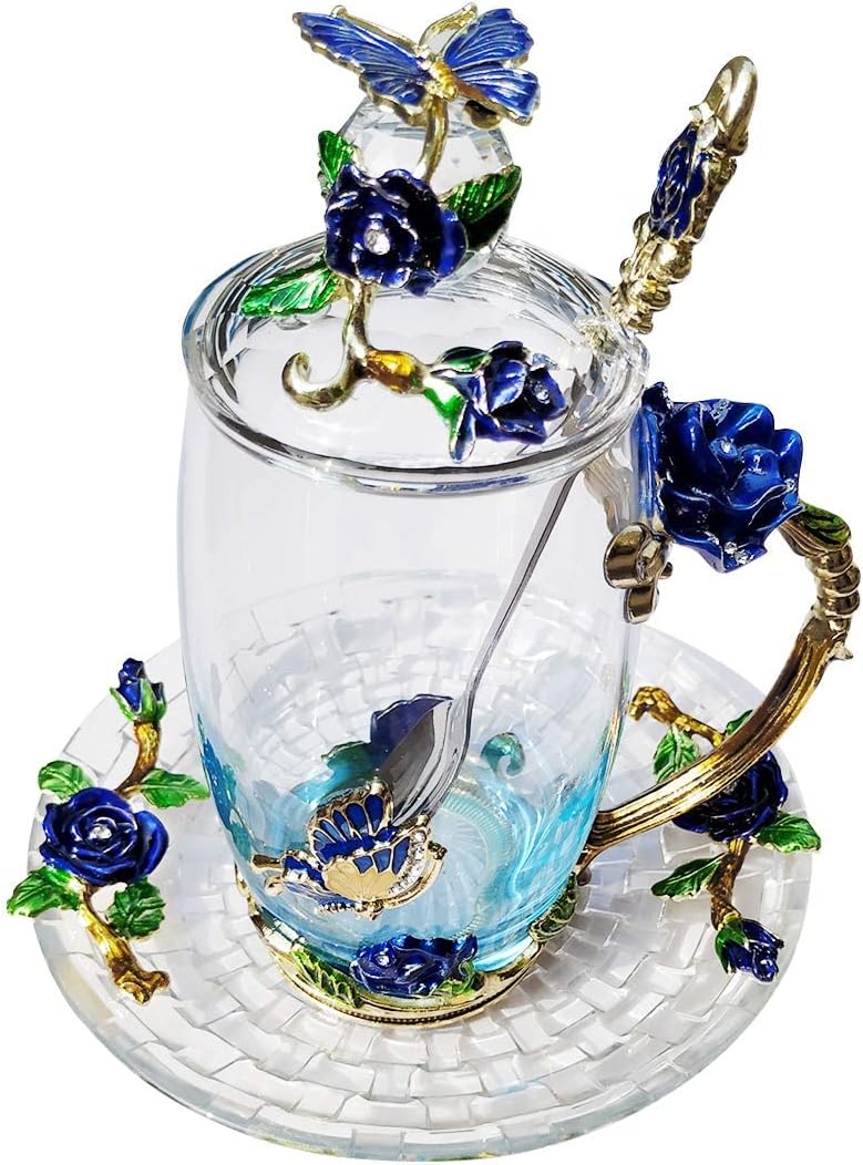 Glass Coffee Mug Birthday Christmas Gift for Women Mom Sister Girlfriend Coworker Flower Butterfly Tea Cup Antique Coffee Mug with Lid Spoon Saucer(Tall Blue)