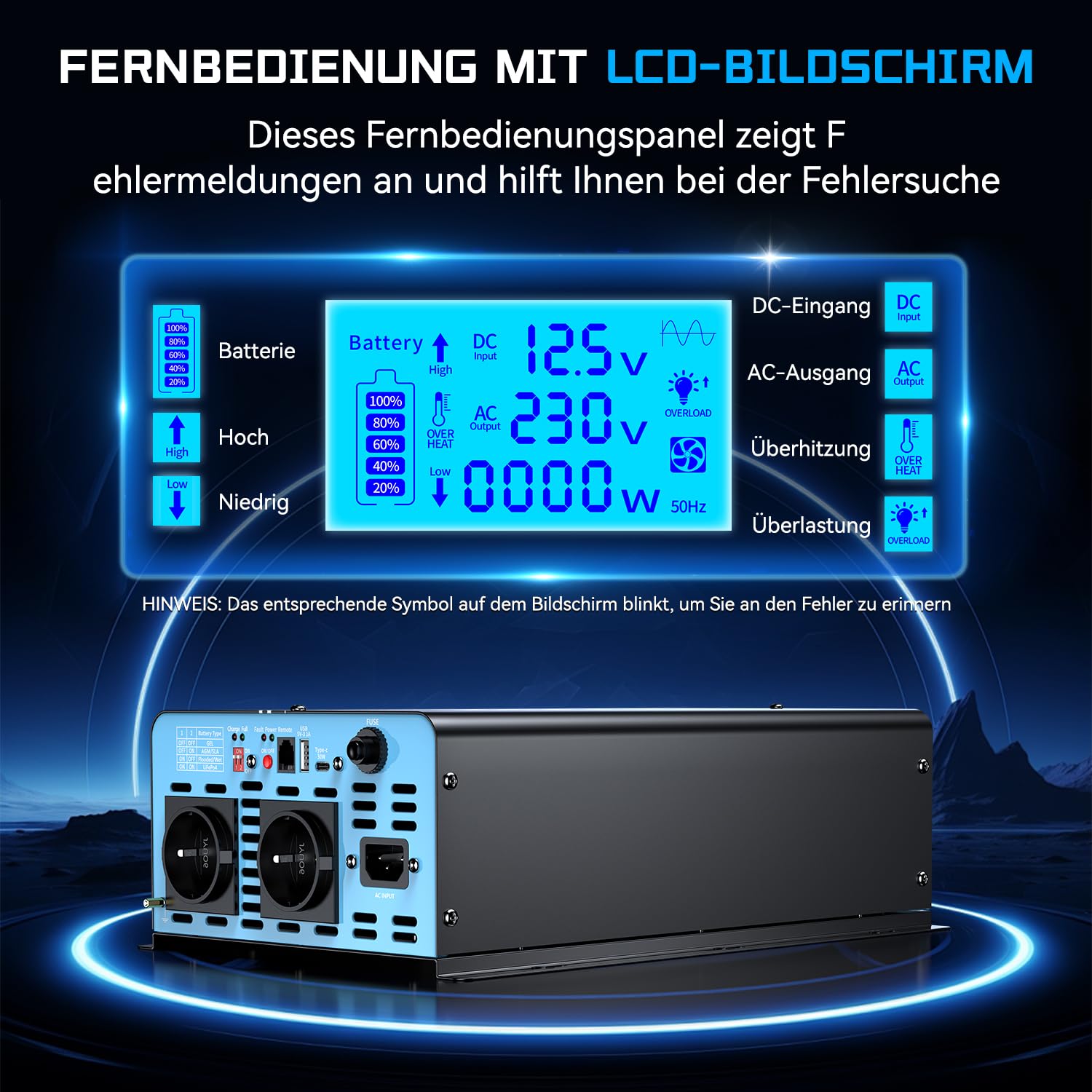 OLTEANP 1500W Wechselrichter12V auf 230V Reiner Sinus,Spannungswandler mit Netzvorrangschaltung und ladefunktion und USV Funktion,Fernbedienung mit LCD-Bildschirm, Automatische Umschaltung für Netz