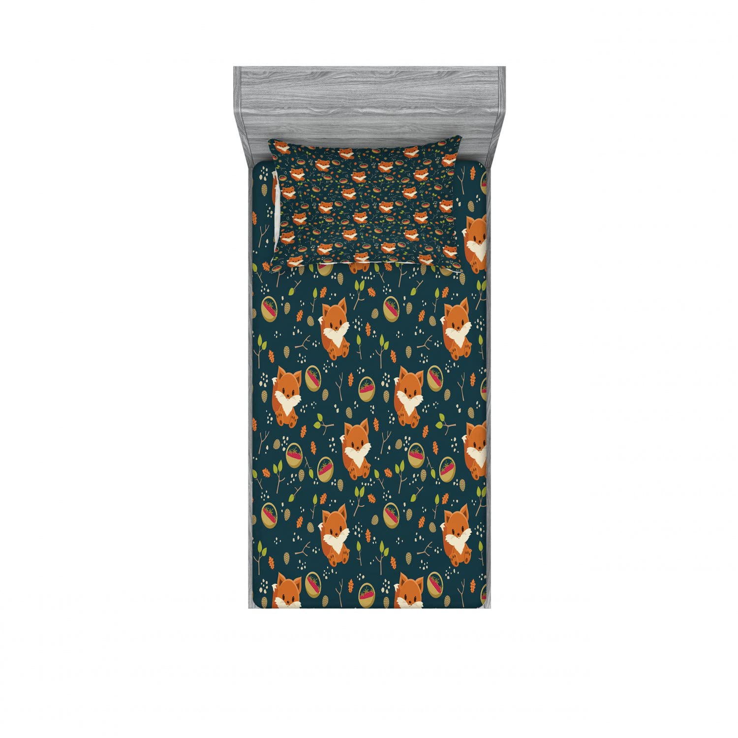 Ambesonne Pine Cone Fitted Sheet & Pillow Sham Set, Fox with Basket of Raspberry Leaf Herbs Forest Animal Cartoon, Decorative Printed 4 Piece Bedding Decor Set, Twinxl, Multicolor