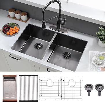 32 Inch Black Undermount Kitchen Sink Double Bowl - 16 Gauge Stainless Steel Undermount Double Bowl Kitchen Sink 50/50, 32x19 Inch