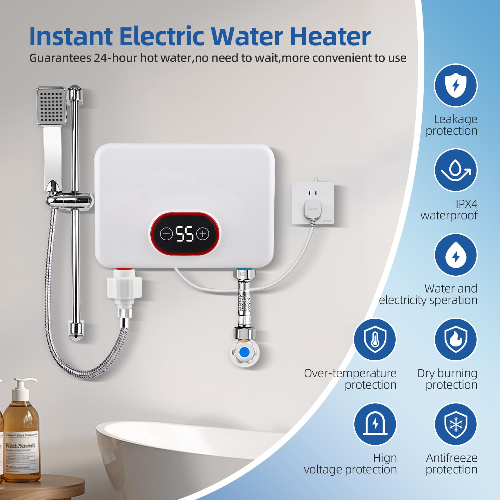 Elektrischer Durchlauferhitzer 5,5kW, 220V Instant Warmwasserbereiter mit Digitaldisplay & 3-Stufen-Leistungsmodus, IPX4 30-52℃ für Dusche, Küche & Garten [Energieklasse A] - Mit Regen