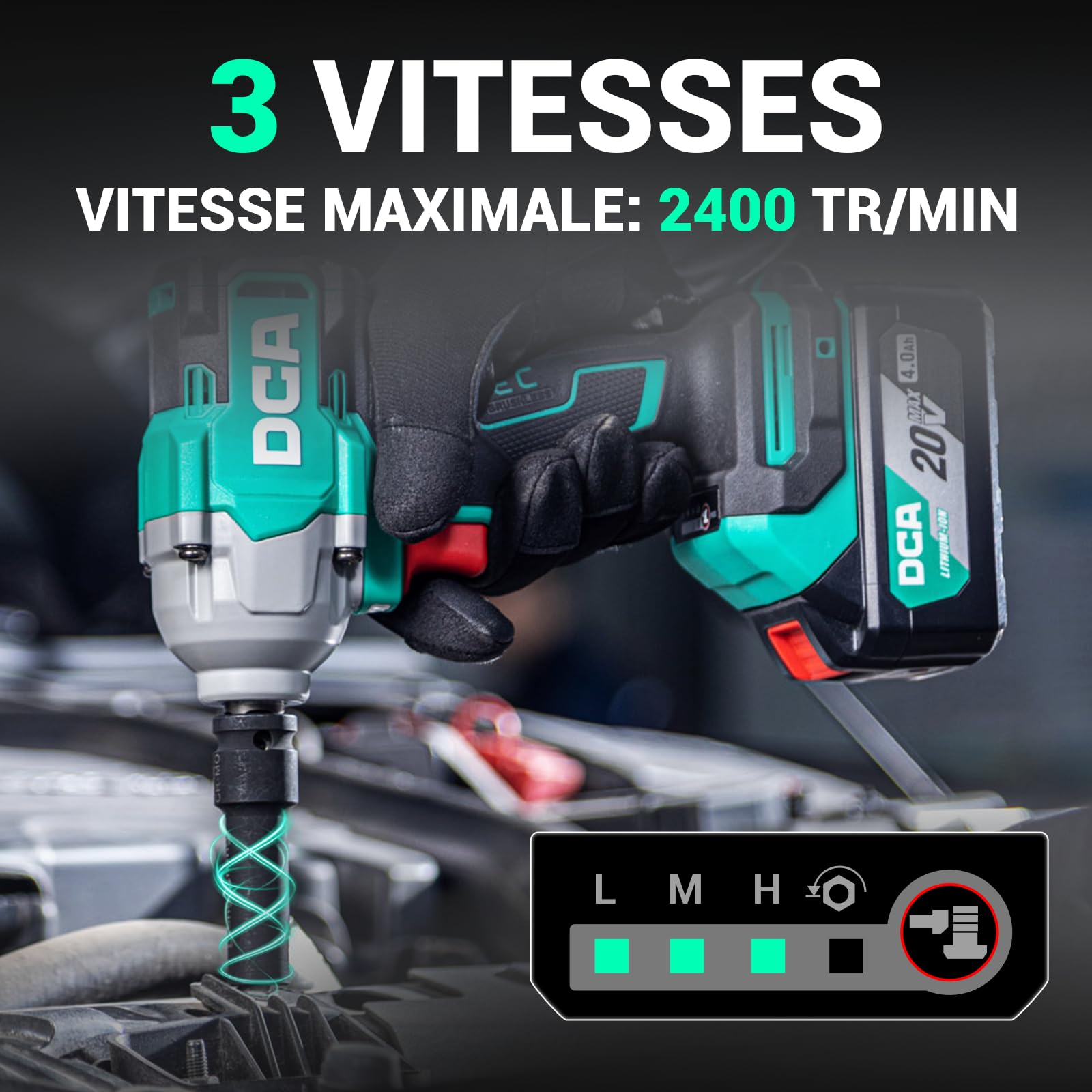 DCA Clé à chocs sans fil 20V Brushless, 682 Nm de couple max, enclume à anneau 13 mm, 2* batterie Li-ion 4000 mAh, 4 modes, lampe LED, design compact, fonction Smart Loosen ADPB520