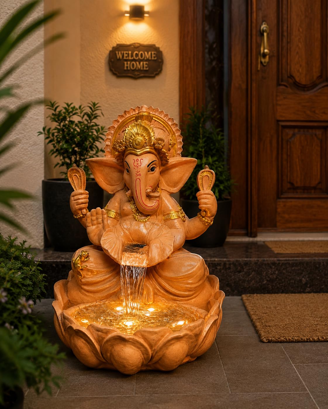Handcrafted Lotus Ganesha Orange Water Fountain || 2 Feet Lord Ganesh Ganpati Kamal Waterfall Fountain Showpiece for Garden, Living Room, Balcony, Home Entrance, Office-picture-38