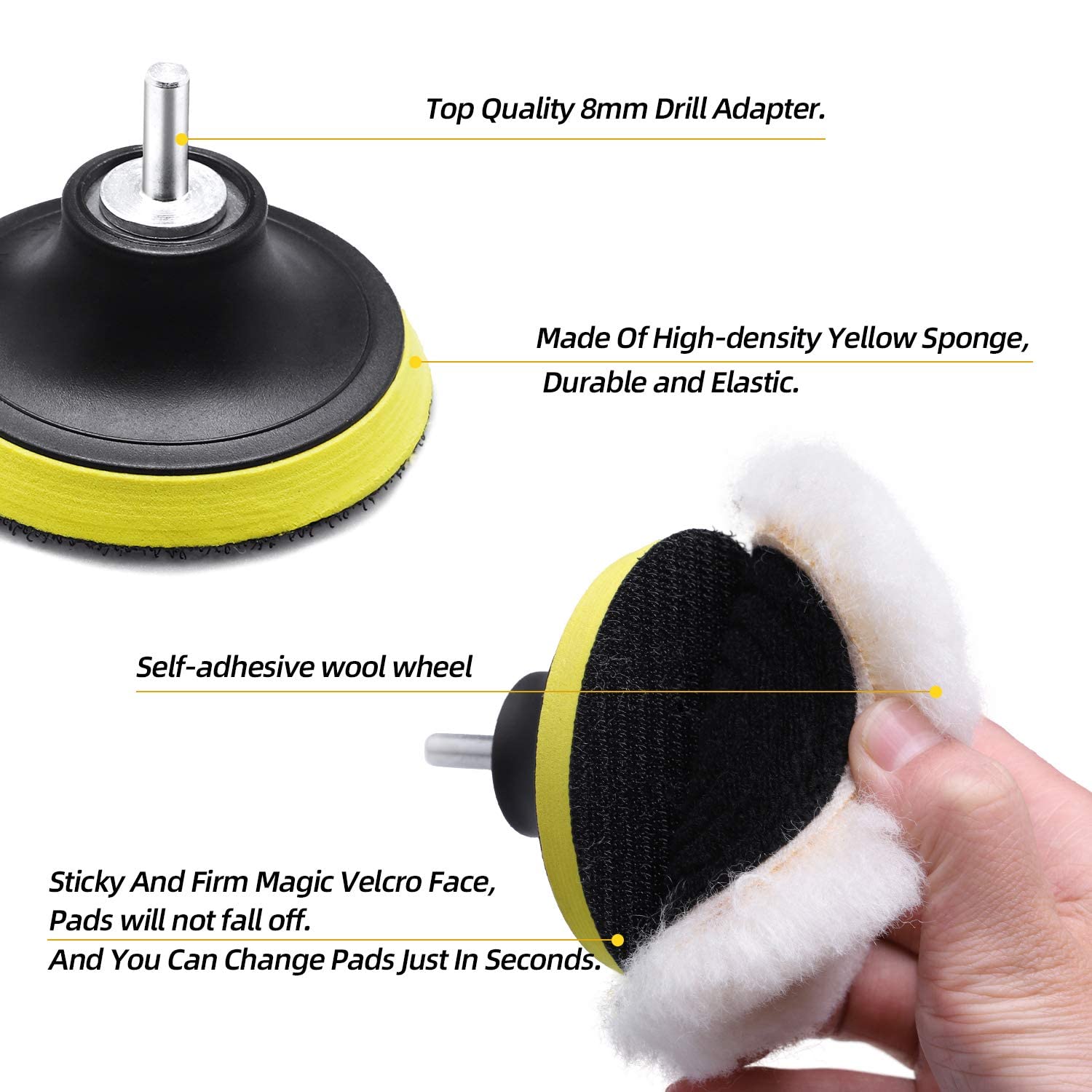 3 Inch (75mm) Wool Buffer 3" Wool Buffing Pad Lambwool Wool Buffing Polishing Pad Set, Wool Buffing Wheel for Drill Lambs Wool Hook and Loop for Compound Cutting & Polishing for Car Polisher (7)