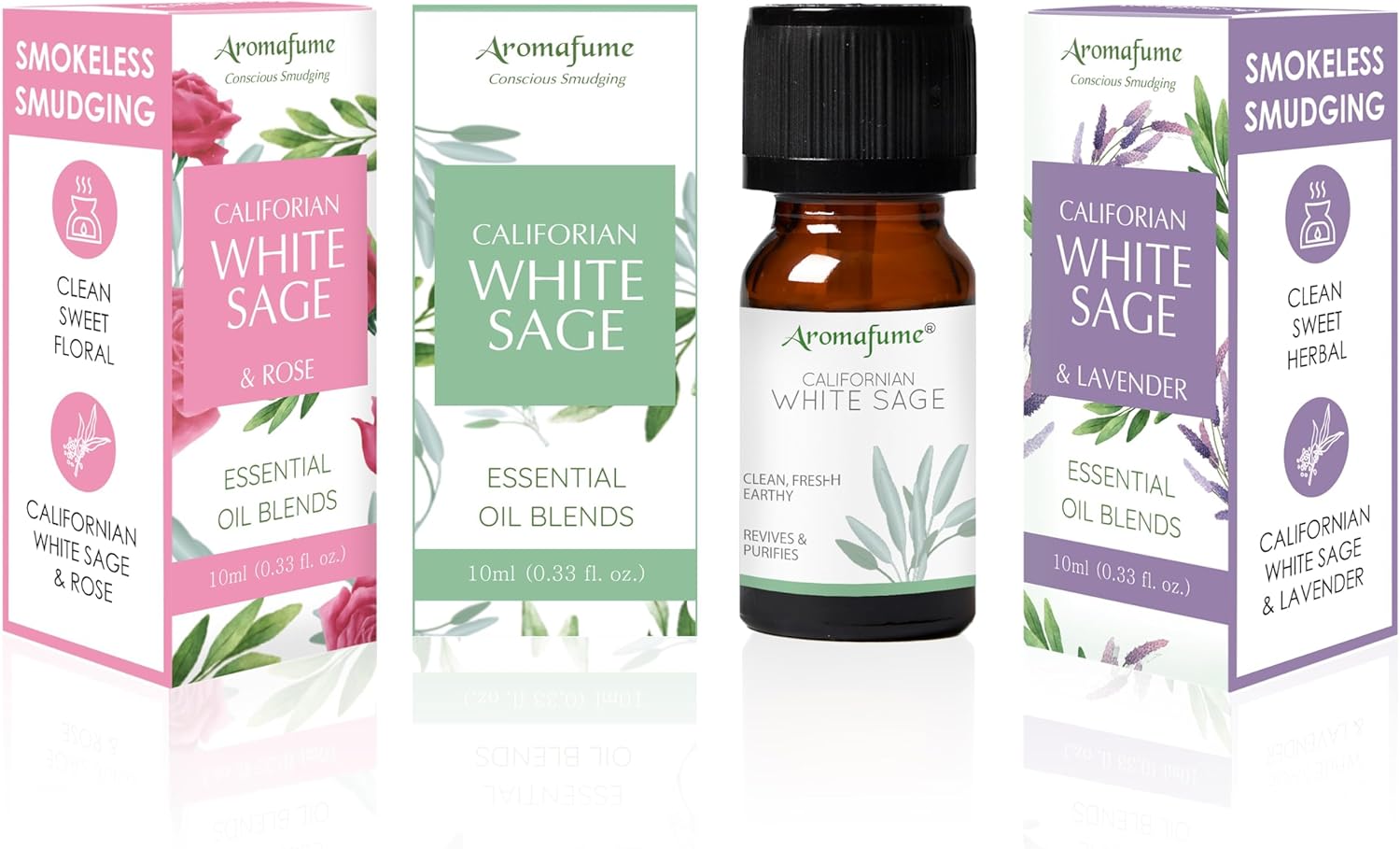 White Sage, White Sage & Lavender, White Sage & Rose Essential Oil Diffuser Blend by Aromafume | 3 x 10ml | Essential Oil Blend | Smoke-Free, Non Toxic Alternative to Smudging
