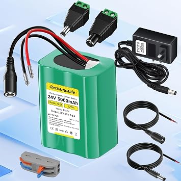 24V 3.0Ah Lithium Battery, 24V Rechargeable Li-ion Battery with Charger, Bare Leads Wire, Cable Connector for DIY Project, RC Car, Robot, Solar Panels, LED Light Strip, CCTV Camera