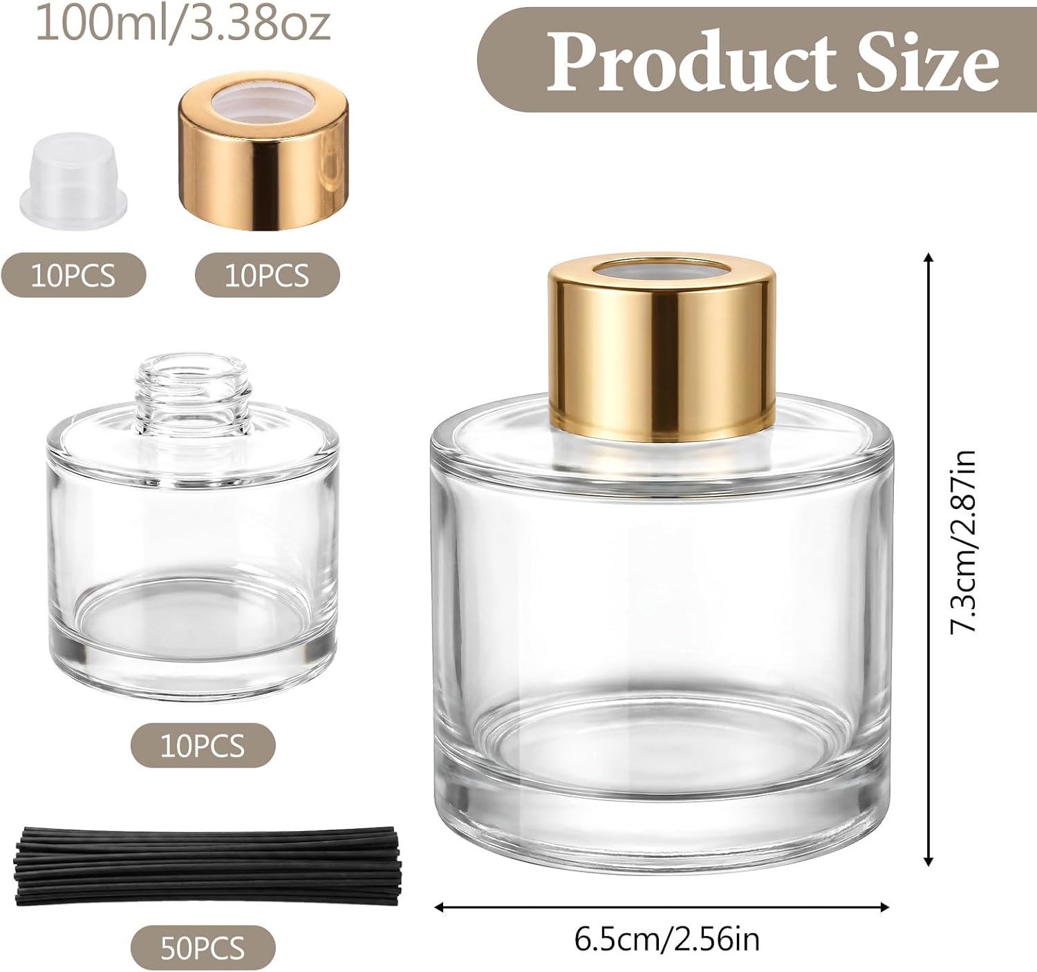 10 Sets Reed Diffuser Bottle Empty Refillable 100ml Glass Jars Gold Caps
