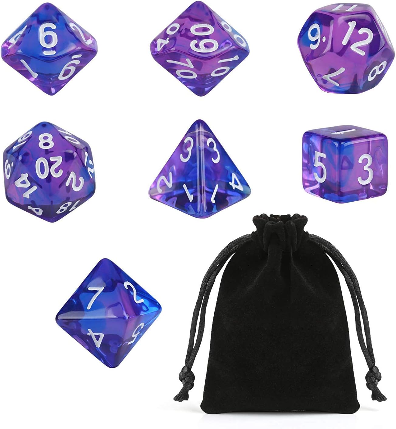 GWHOLE7-Die Polyhedral Dice Set for Dungeons and Dragons with Black Pouch, Purple Pink