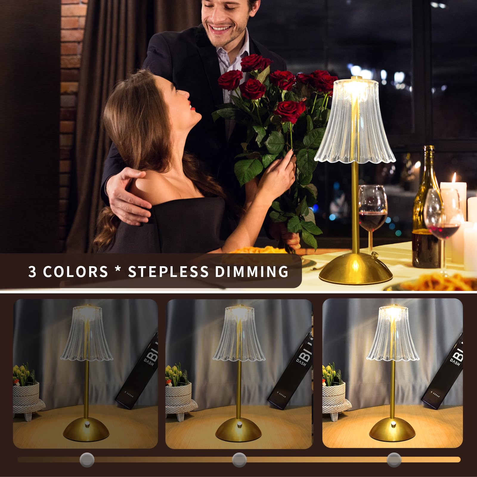 Rechargeable Cordless Table Lamp - Touch Control Dimmable LED With Vintage Gold Design For Bedroom & Desk