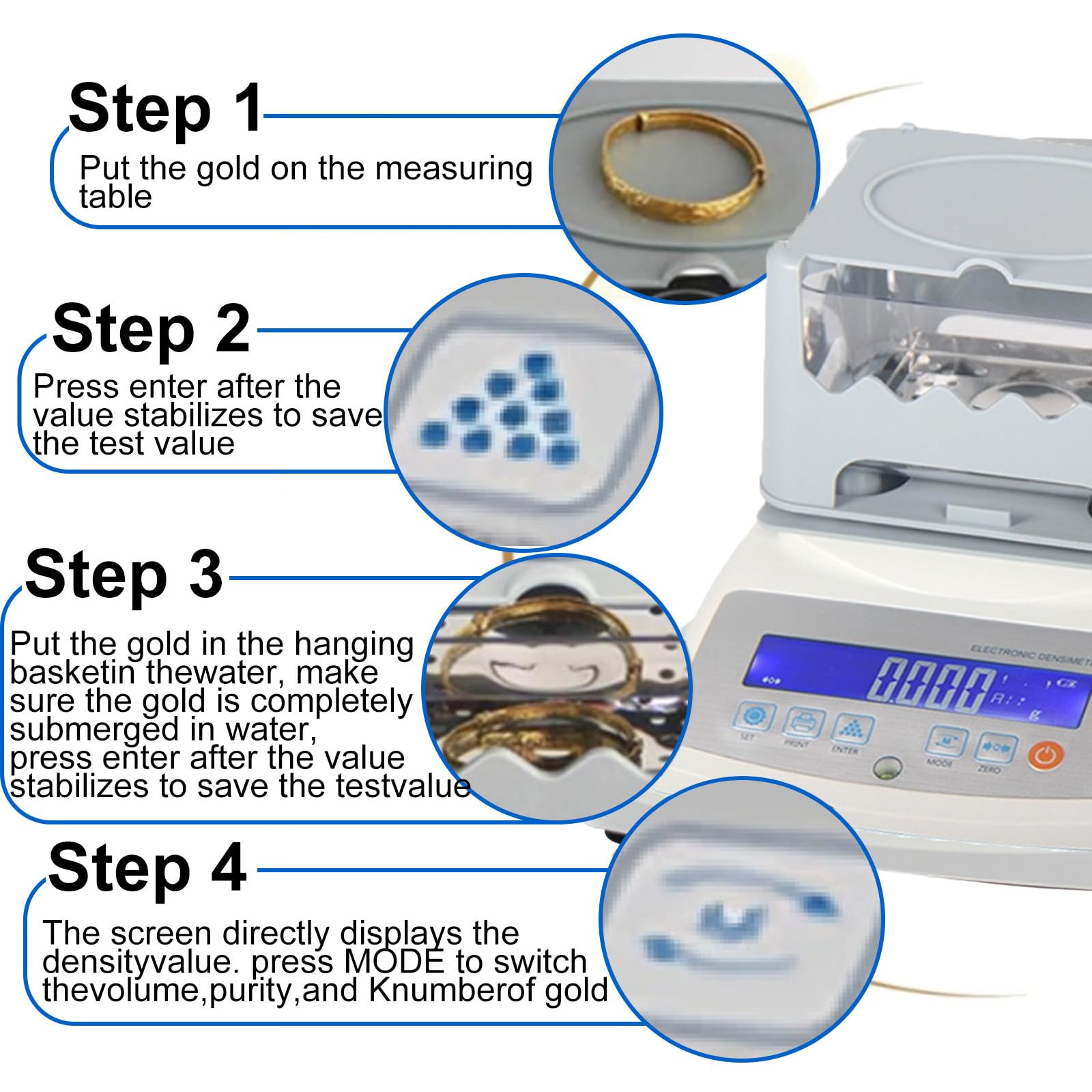 Máquina digital de prueba de pureza de oro, kit automático de prueba de oro, medidor de densidad para detectar volumen para oro, plata, platino, 300 g
