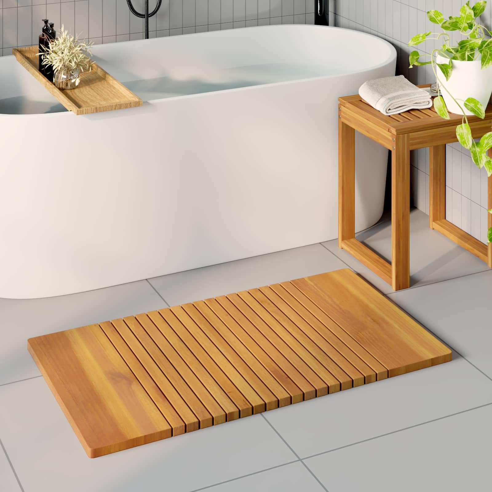 Tapis de bain en bois marron antidérapant pour éviter les glissades