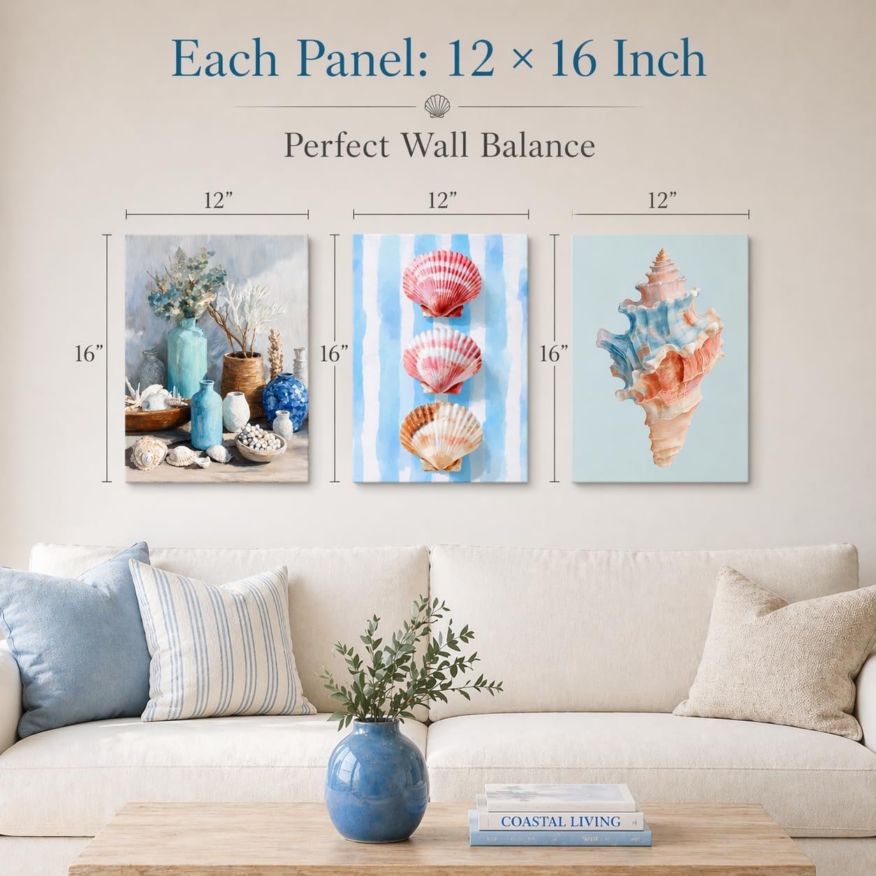 Artiluxy Coastal Wall Art Set of 3, 12x16 Inch Beach Canvas Wall Decor, Seashell Ocean Blue Artwork, Soft Coastal Bathroom Living Room Wall Art Prints, Framed Ready to Hang (Seafoam Mint Blue)