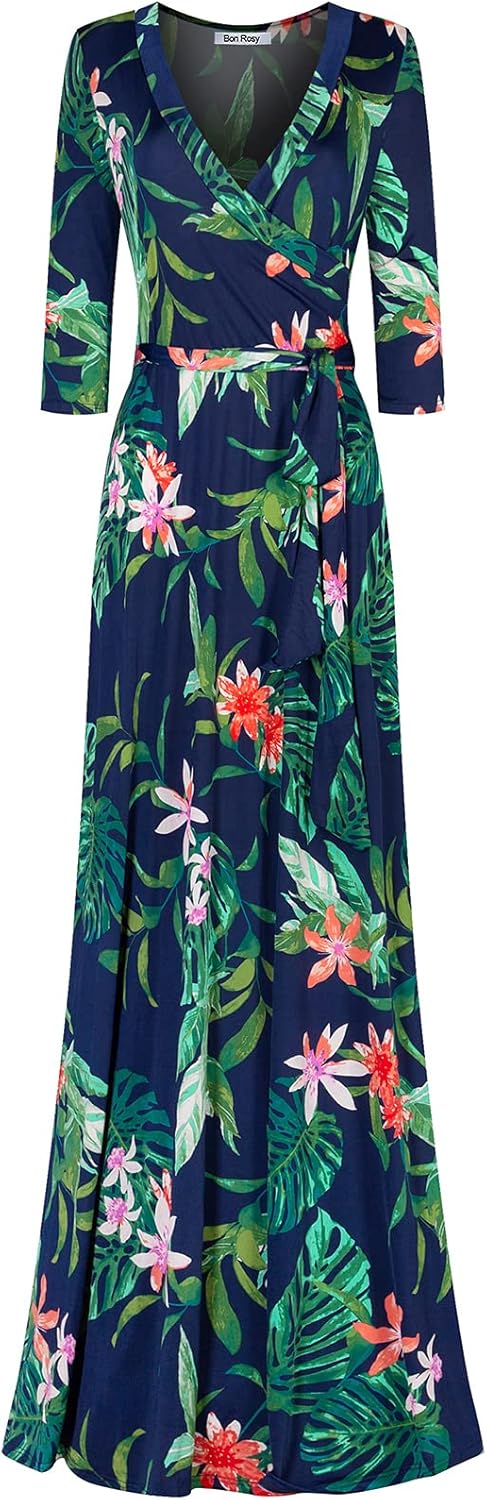 Women's 3/4 Sleeve V-Neck Printed Maxi Faux Wrap Dress 179 Navy Pink S