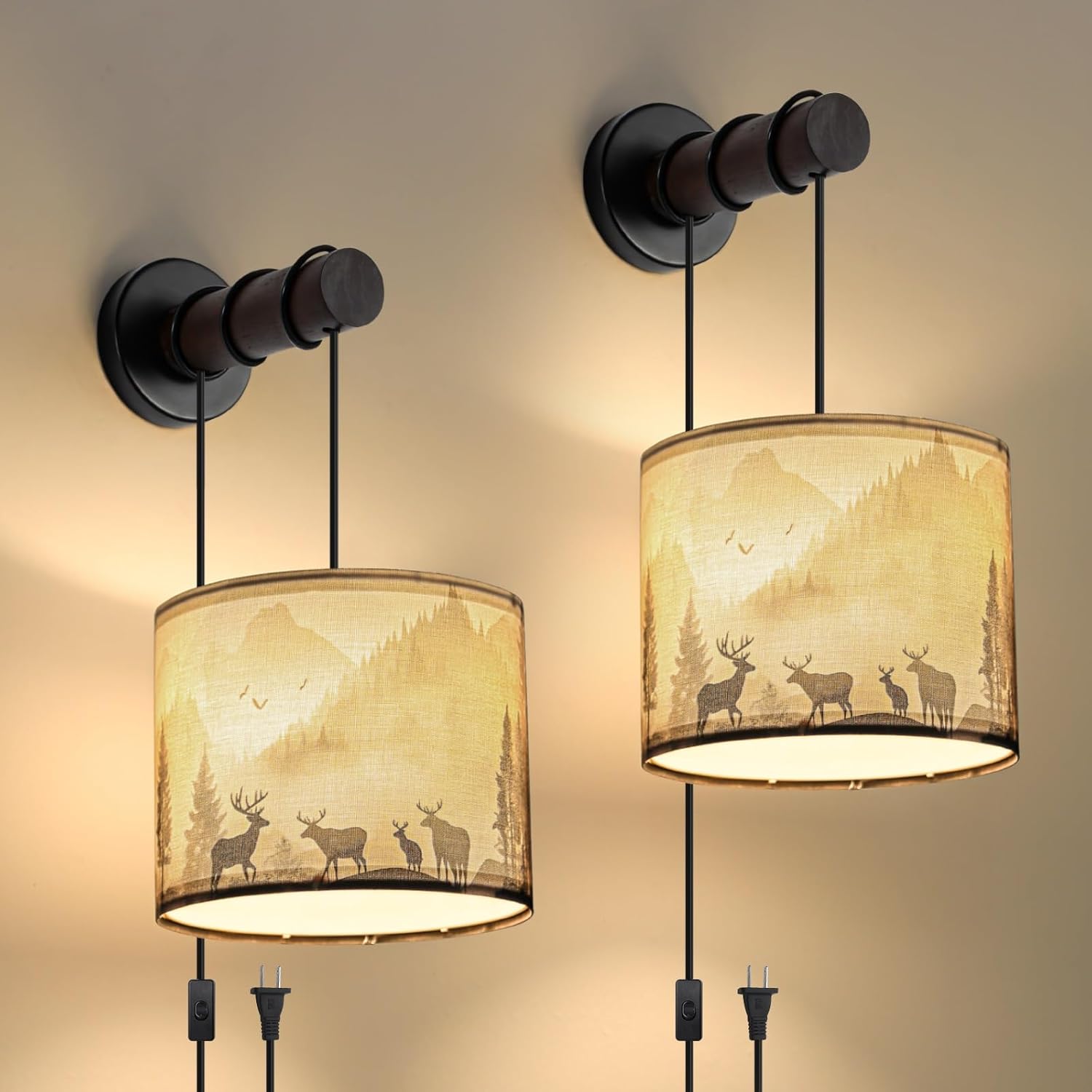 Deer Plug in Wall Sconces Set of 2, Rustic Wall Sconce with Adjustable Cord & Wooden Arm, Western Wall Light Fixtures, Forest Wall Lamps for Bedroom, Living Room