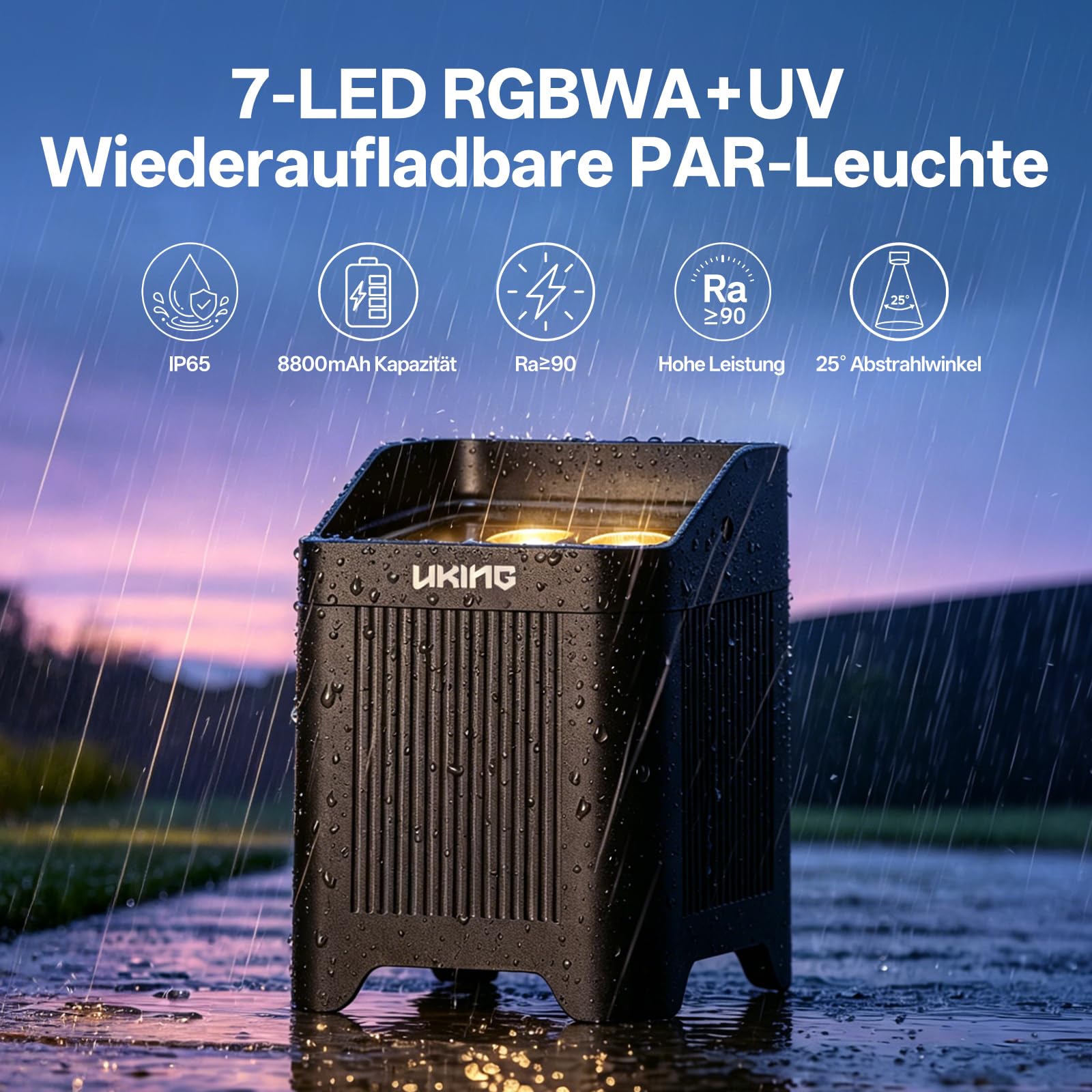 U`King Akumulator LED RGBWA+UV, 140 W IP65 Wodoodporna lampa sceniczna z akumulatorem 8800 mAh, obsługuje D MX Bezprzewodowy 2.4G Pilot na podczerwień Aplikacja na wesele, imprezy plenerowe