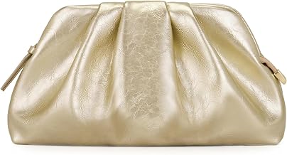 Clutch Bags for Women Cloud Evening Handbag Shoulder Purse | Dumpling Pleated Style, Gold Metal, Adjustable Strap, Zipper Closure, Inside Pocket, Wedding, Party, Prom