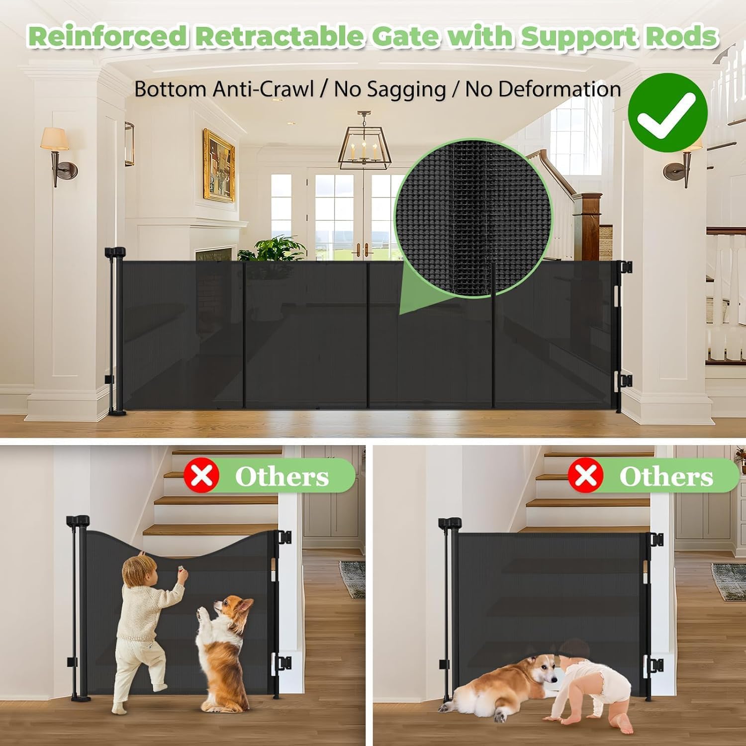 reinforced 155" extra wide baby gate retractable dog gate with support rods – prevent crawling under, 13ft retractable baby gates long gates for kids or pets retractable gate, black black (37" tall x 155" wide)