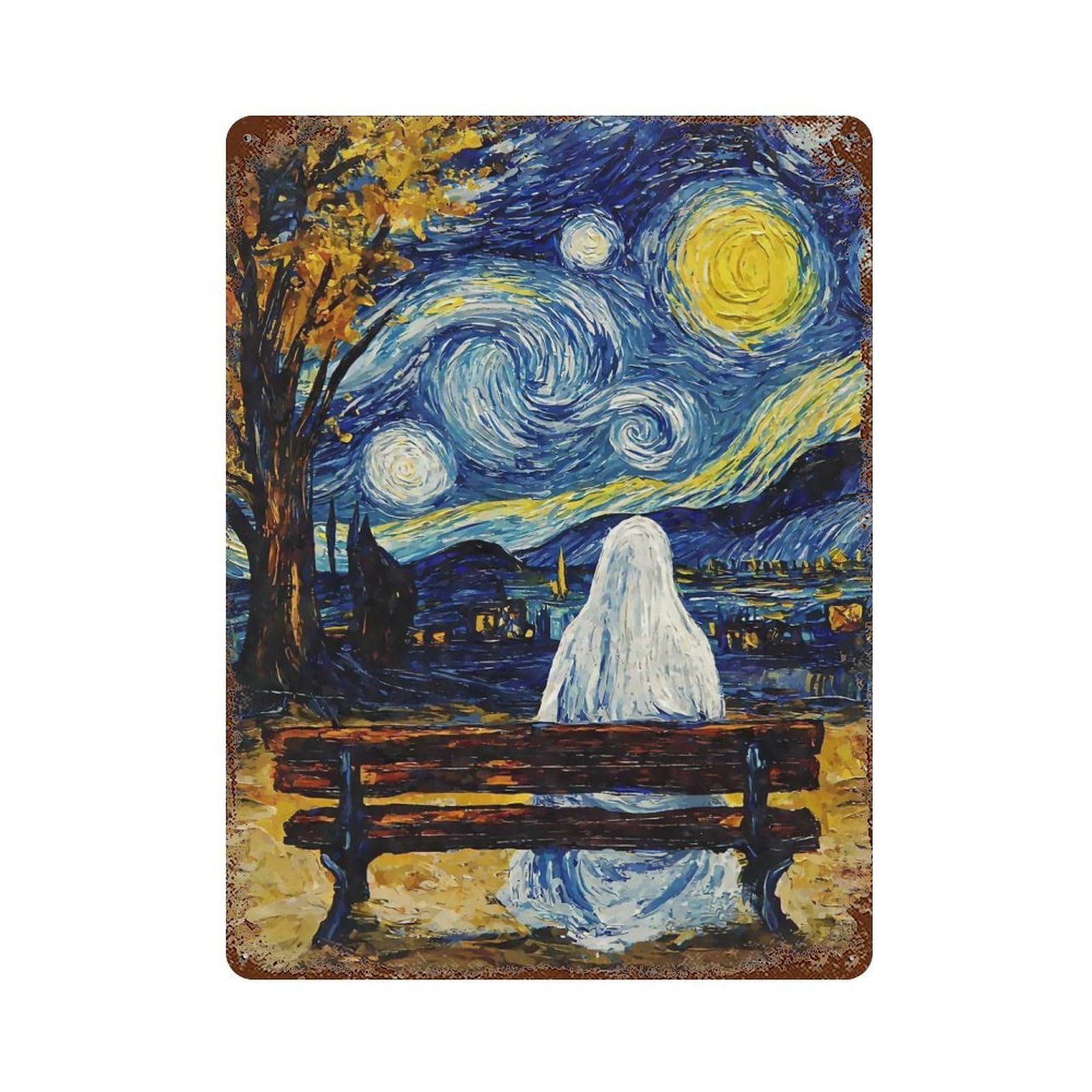 Ghost Starry Night Retro Metal Sign 15.7"x11.8", Classic Wall Plaque for Garage, Pub Or Kitchen