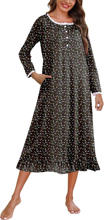 Marvmys Womens Cotton Long Sleeve Nightgown Long Sleepshirts Lace Trim Victorian Sleepwear with Pockets