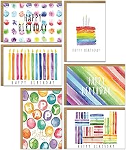 Birthday Cards, 24 Rainbow Watercolour Birthday Cards Multipack with Kraft Envelopes & Sealing Stickers, Colourful Happy Birthday Card Pack for Women Men & Kids (6 Designs, 4 Each)