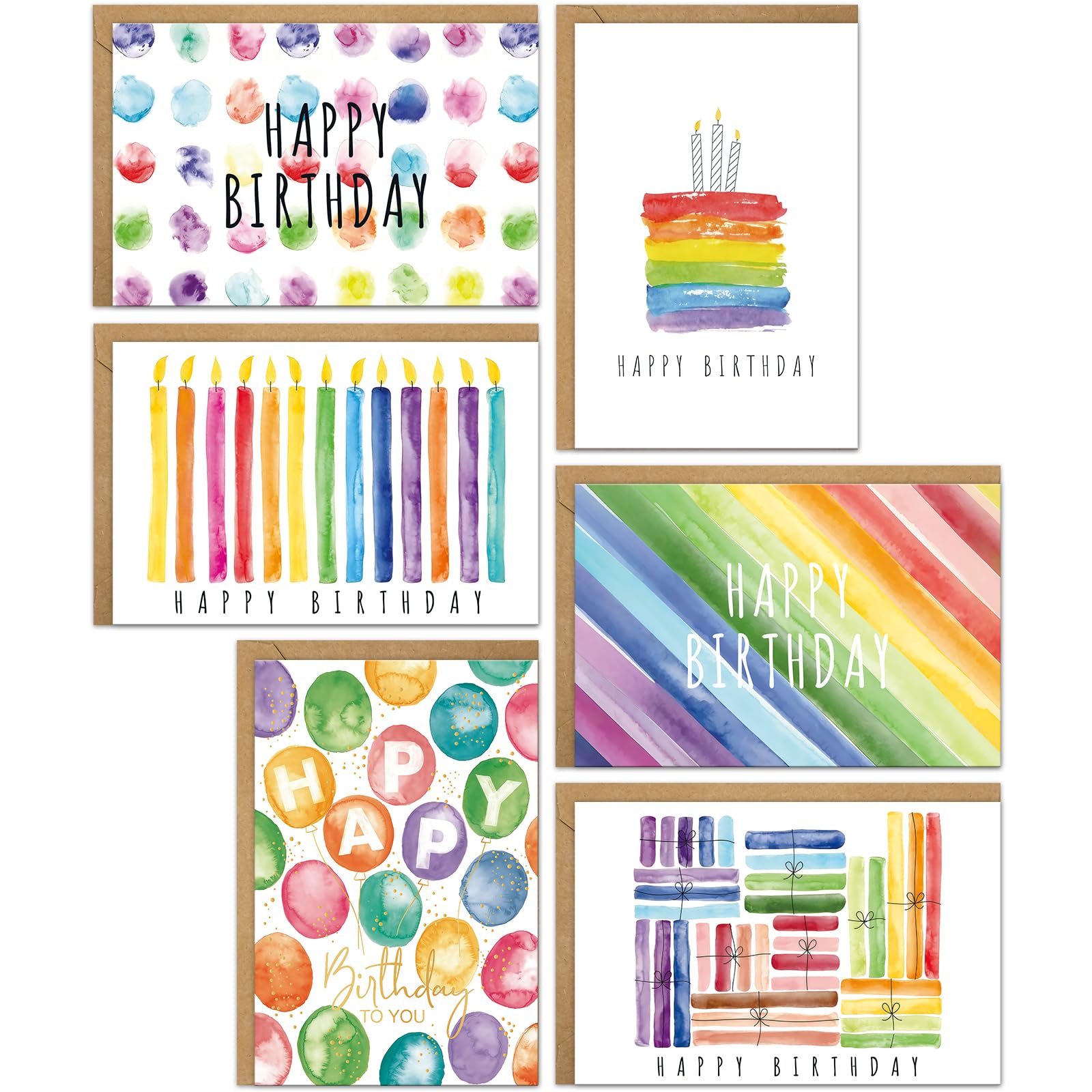 YianHien Birthday Cards, 24 Rainbow Watercolour Birthday Cards Multipack with Kraft Envelopes & Sealing Stickers, Colourful Happy Birthday Card Pack for Women Men & Kids (6 Designs, 4 Each)