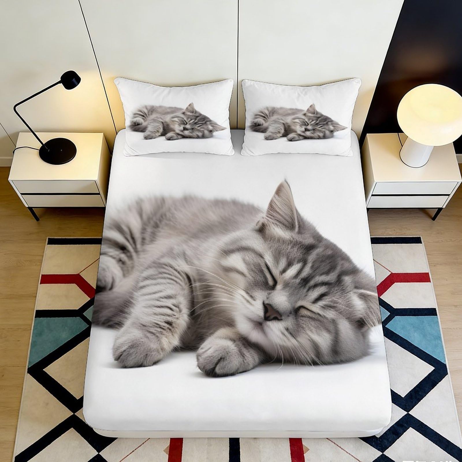 Pnayamiorkfel Style-4 3D Printed Sleeping Cat Fitted Sheet Microfiber Soft Breathable Kitten Bed Cover For Bedroom Guest Room Decor Mattress Protection 90X200x25cm