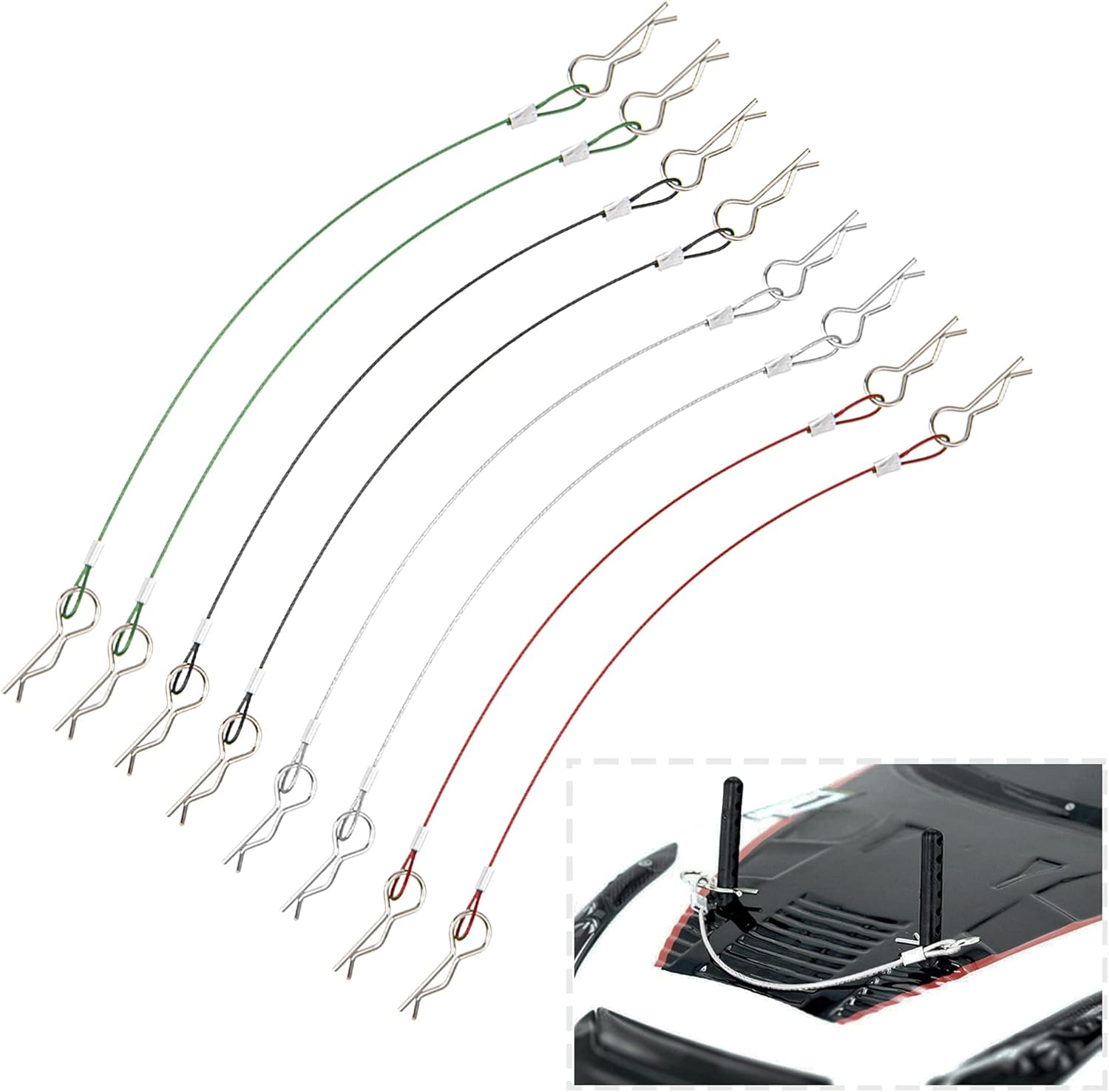 8Pcs ShareGoo Metal Clip R Pin Rod with Steel Anti-Lost Rope RC Body Shell Clip Wire Compatible with 1/8 1/10 Traxxas HSP Arrma Axial Redcat RC Car Truck Crawler (Multiple Colour)
