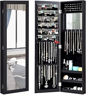 Giantex Wall Mounted Jewelry Cabinet with Full Length Mirror, Over The Door Jewelry Armoire Organizer with Large Storage, Makeup Mirror & Velvet Lining (Black)
